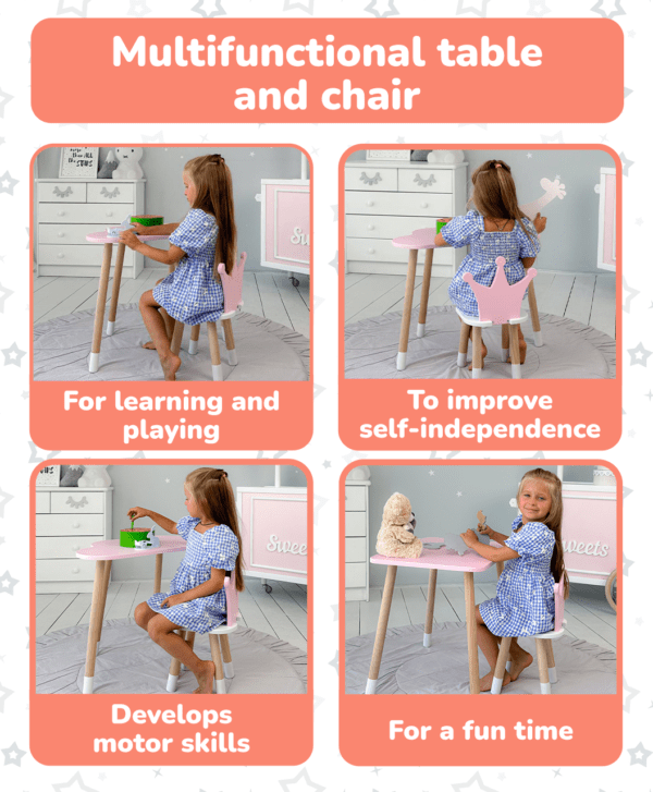Kindertisch in Wolkenform und rosa Stuhl in Kronenform mit weißem Sitz – Bild 9