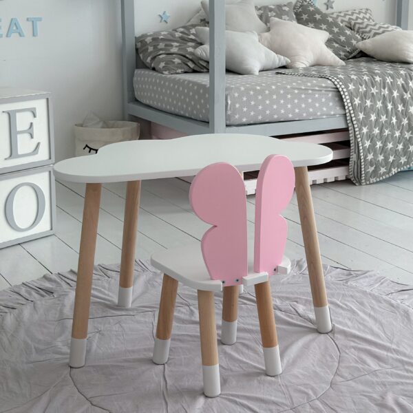 Weißer Schreibtisch in Wolkenform und rosa Stuhl in Schmetterlingsform für Kinder – Bild 8