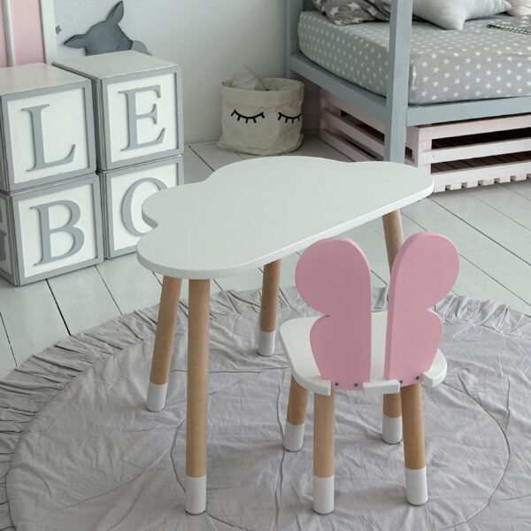 Weißer Schreibtisch in Wolkenform und rosa Stuhl in Schmetterlingsform für Kinder – Bild 10