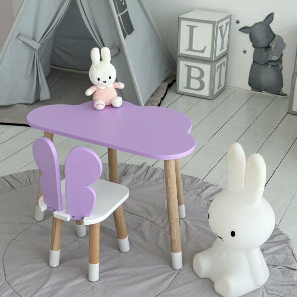 Kindertisch in Wolkenform und Stuhl in Schmetterlingsform, lila mit weißem Sitz – Bild 3