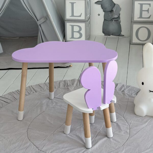 Kindertisch in Wolkenform und Stuhl in Schmetterlingsform, lila mit weißem Sitz – Bild 8