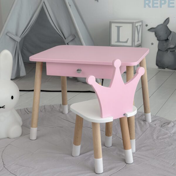 Rosa Kindertisch mit Schublade und rosa Stuhl in Kronenform – Bild 11