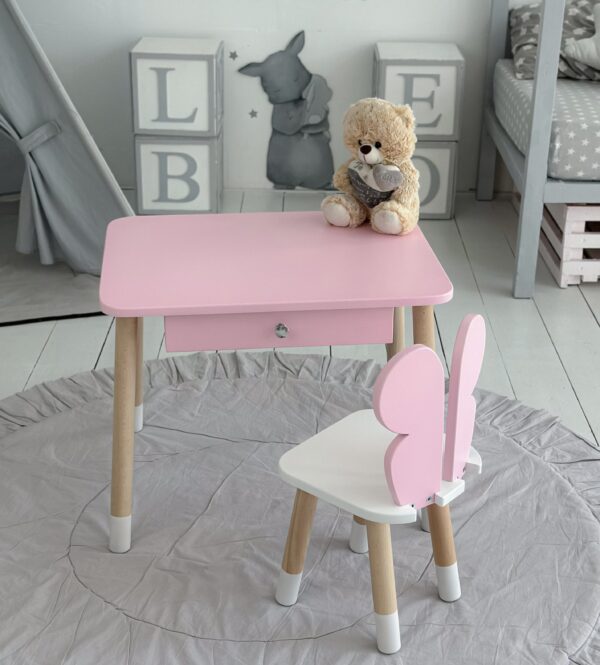 Rosa Kindertisch mit Schublade und rosa Stuhl in Schmetterlingsform – Bild 7