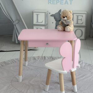 Rosa Kindertisch mit Schublade und rosa Stuhl in Schmetterlingsform