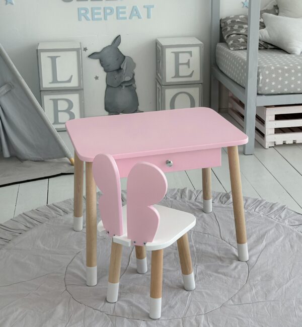 Rosa Kindertisch mit Schublade und rosa Stuhl in Schmetterlingsform – Bild 5