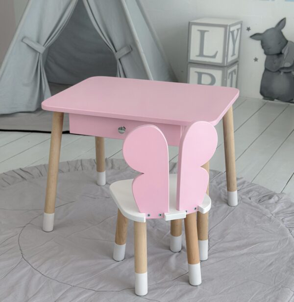 Rosa Kindertisch mit Schublade und rosa Stuhl in Schmetterlingsform – Bild 11