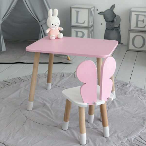 Rosa rechteckiger Schmetterlings-Kindertisch und -Stuhl mit weißer Sitzfläche – Bild 3