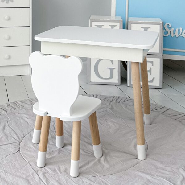 Weißer Kindertisch mit klappbarer Tischplatte und weißem Stühlchen in Bärenform – Bild 11