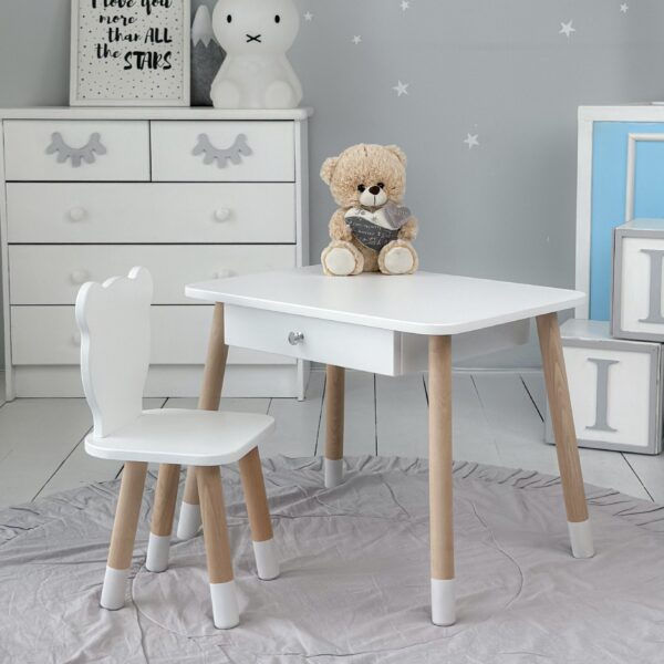 Weißer Kindertisch mit Schublade und Stuhl in Form eines weißen Bären – Bild 3