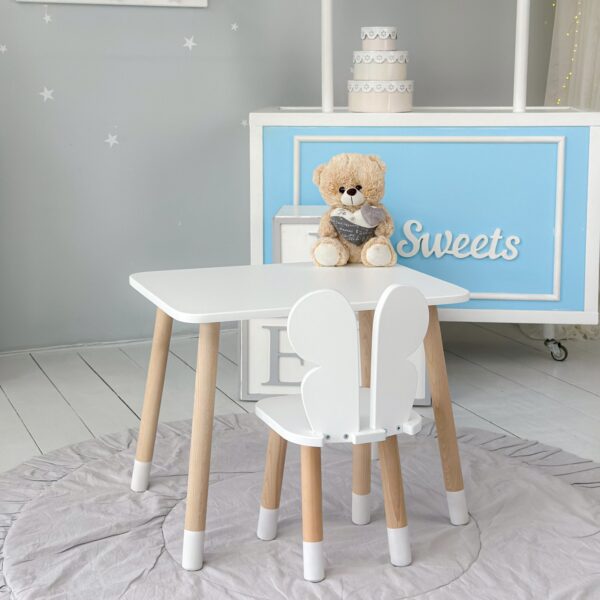 Weißer rechteckiger Tisch und Stuhl für Kinder, weiß mit einem Bild eines Schmetterlings – Bild 5