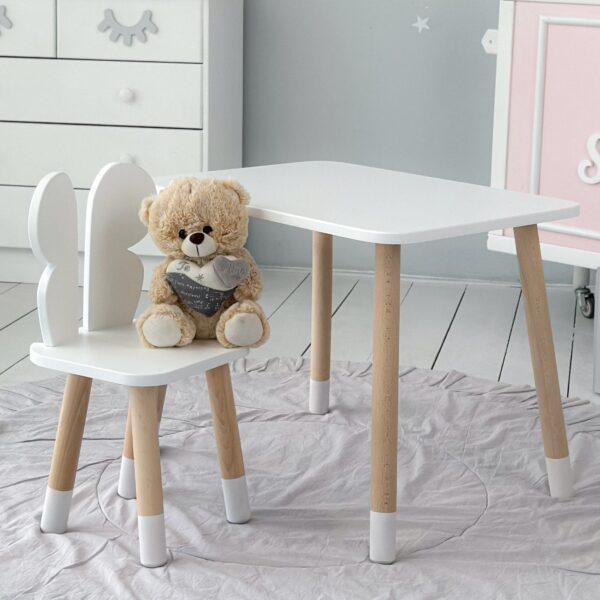 Weißer rechteckiger Tisch und Stuhl für Kinder, weiß mit einem Bild eines Schmetterlings – Bild 7