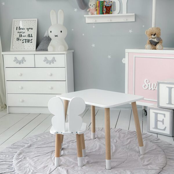 Weißer rechteckiger Tisch und Stuhl für Kinder, weiß mit einem Bild eines Schmetterlings – Bild 3