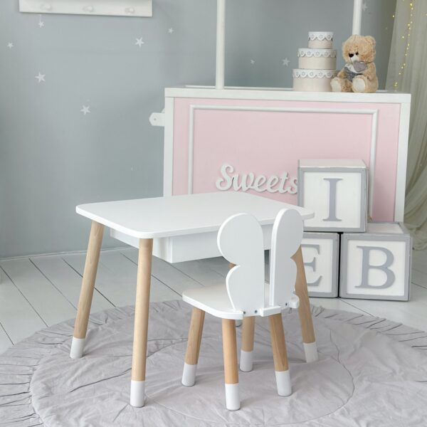 Weißer Kindertisch mit Schublade und Stuhl in Schmetterlingsform in Weiß – Bild 3