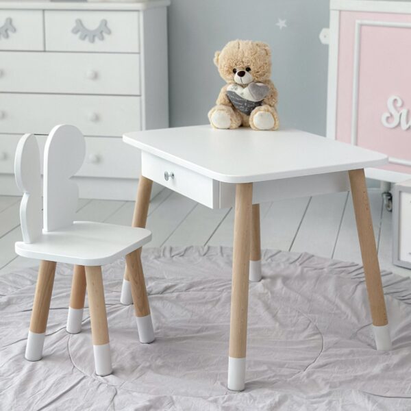 Weißer Kindertisch mit Schublade und Stuhl in Schmetterlingsform in Weiß – Bild 5