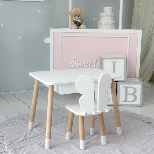 Weißer Kindertisch mit Schublade und Stuhl in Schmetterlingsform in Weiß – Bild 7