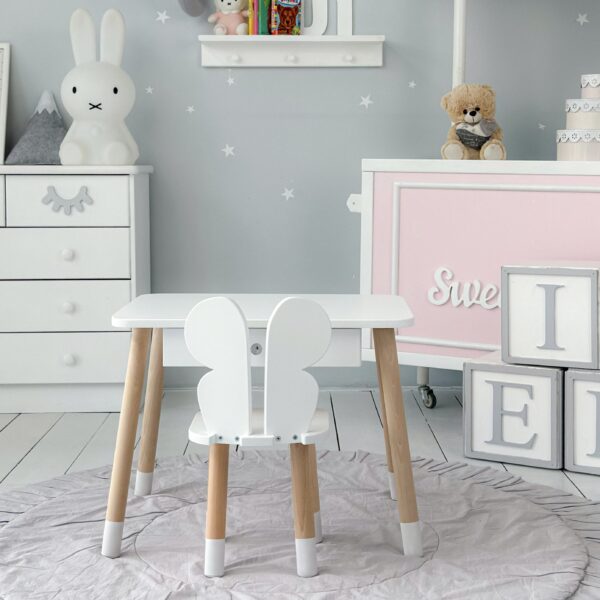 Weißer Kindertisch mit Schublade und Stuhl in Schmetterlingsform in Weiß – Bild 11