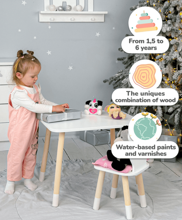Ein weißer rechteckiger Tisch zum Essen, Lernen und Spielen und ein weißer Kinderstuhl in Teddybärform – Bild 5