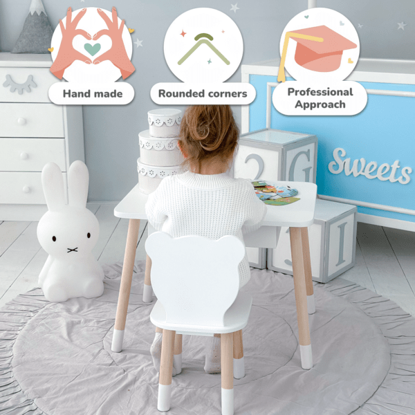 Weißer Kindertisch mit Schublade und weißem Teddybärstuhl – Bild 3