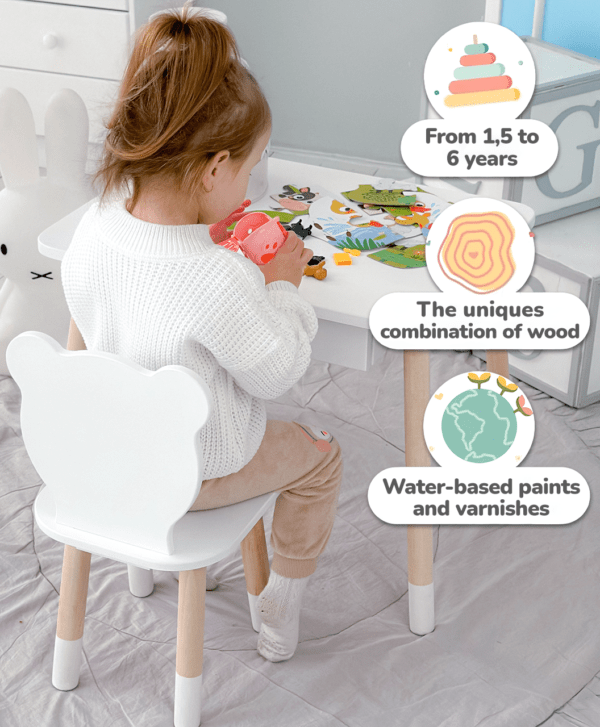 Weißer Kindertisch mit Schublade und weißem Teddybärstuhl – Bild 5