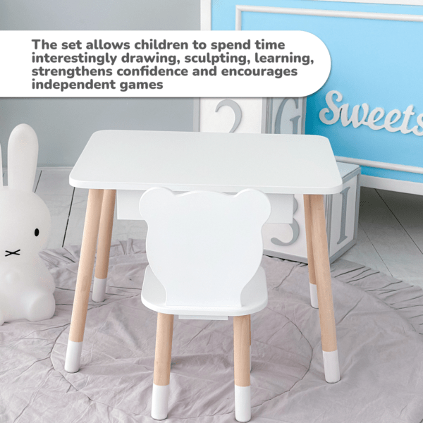 Weißer Kindertisch mit Schublade und weißem Teddybärstuhl – Bild 11