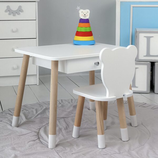 Weißer Kindertisch mit Schublade und weißem Teddybärstuhl – Bild 4