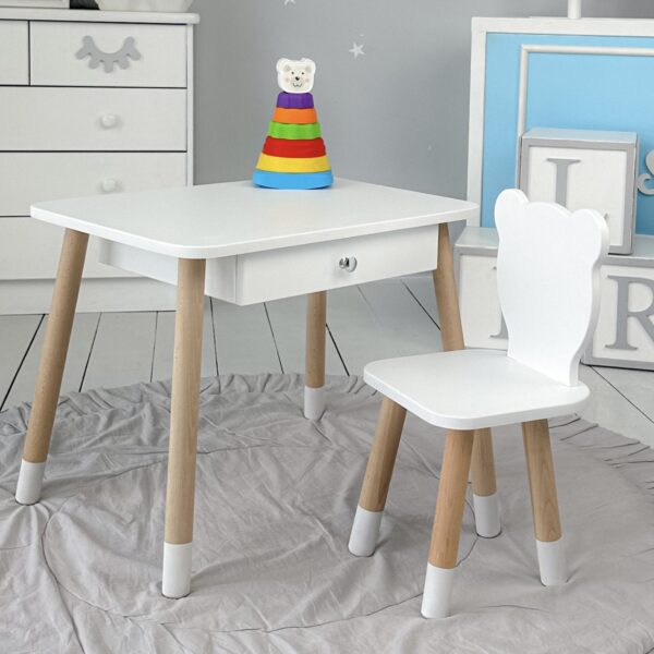 Weißer Kindertisch mit Schublade und weißem Teddybärstuhl – Bild 8
