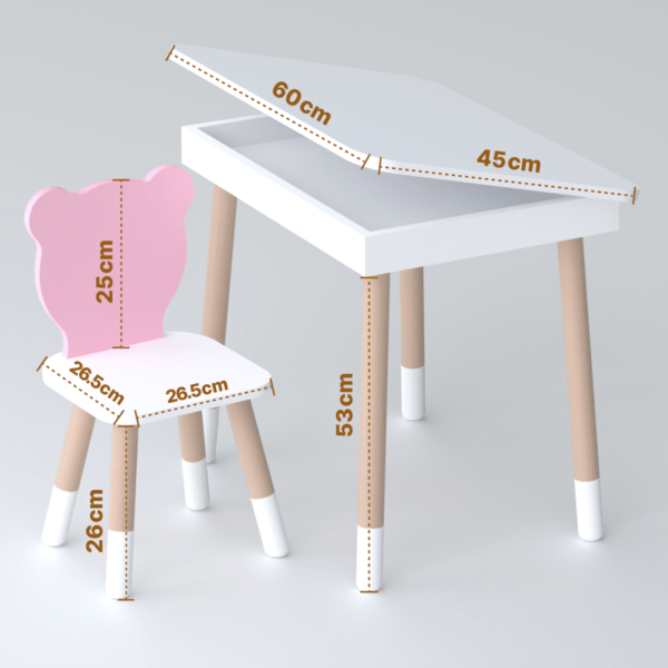 Weißer Kindertisch mit klappbarer Tischplatte und rosa Stühlchen in Bärenform – Bild 3
