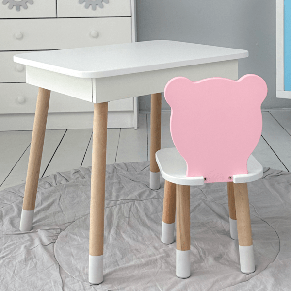 Weißer Kindertisch mit klappbarer Tischplatte und rosa Stühlchen in Bärenform – Bild 9