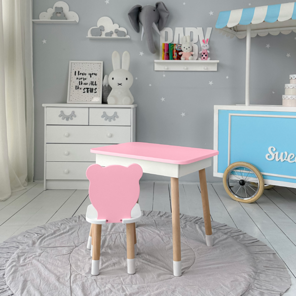 Tisch mit Aufbewahrung und Stuhl für Kinder – Kinderschreibtisch, rosa Kindermöbel – Bild 5