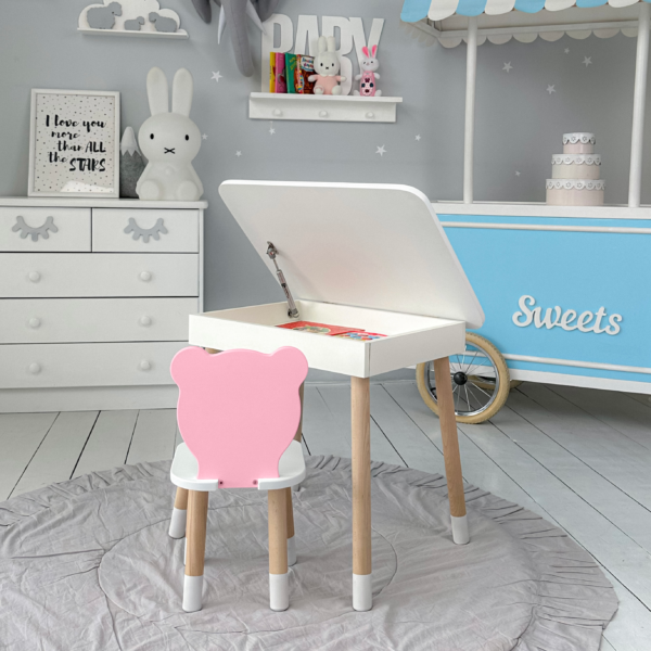 Weißer Kindertisch mit klappbarer Tischplatte und rosa Stühlchen in Bärenform – Bild 7