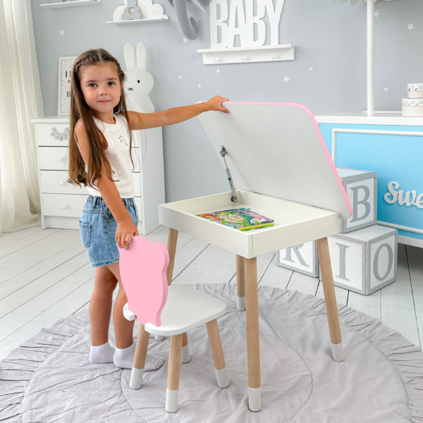 Tisch mit Aufbewahrung und Stuhl für Kinder – Kinderschreibtisch, rosa Kindermöbel – Bild 2