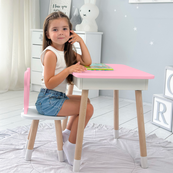 Tisch mit Aufbewahrung und Stuhl für Kinder – Kinderschreibtisch, rosa Kindermöbel – Bild 8