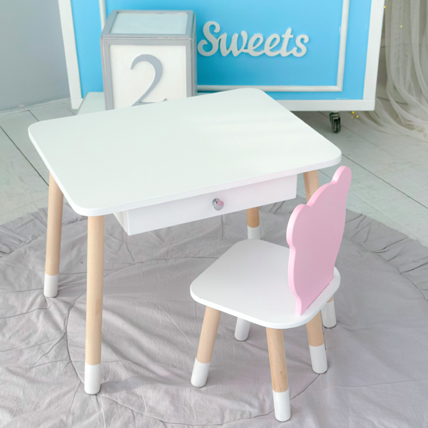 Weißer Kindertisch mit Schublade und Stuhl in Form eines rosa Bären – Bild 5