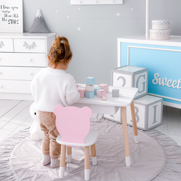 Weißer Kindertisch mit Schublade und Stuhl in Form eines rosa Bären – Bild 2