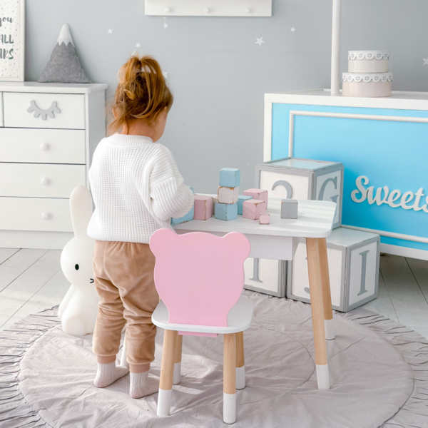 Weißer Kindertisch mit Schublade und Stuhl in Form eines rosa Bären – Bild 8