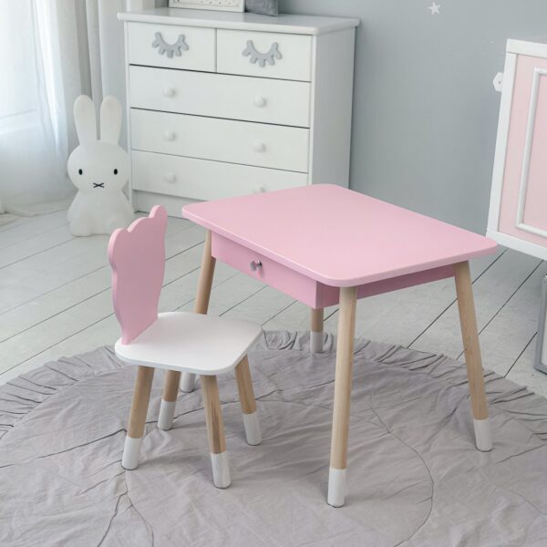 Rosa Kindertisch mit Schublade und Stuhl in Form eines rosa Bären – Bild 9