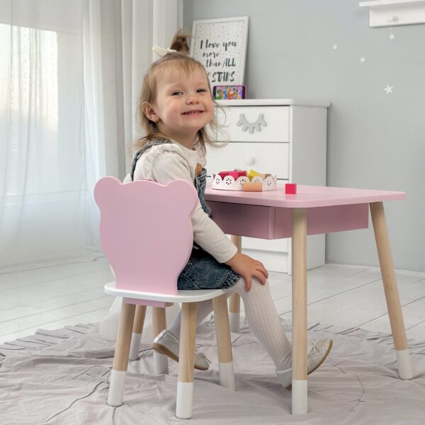 Rosa Kindertisch mit Schublade und Stuhl in Form eines rosa Bären – Bild 8