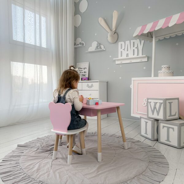 Rosa Kindertisch mit Schublade und Stuhl in Form eines rosa Bären – Bild 6
